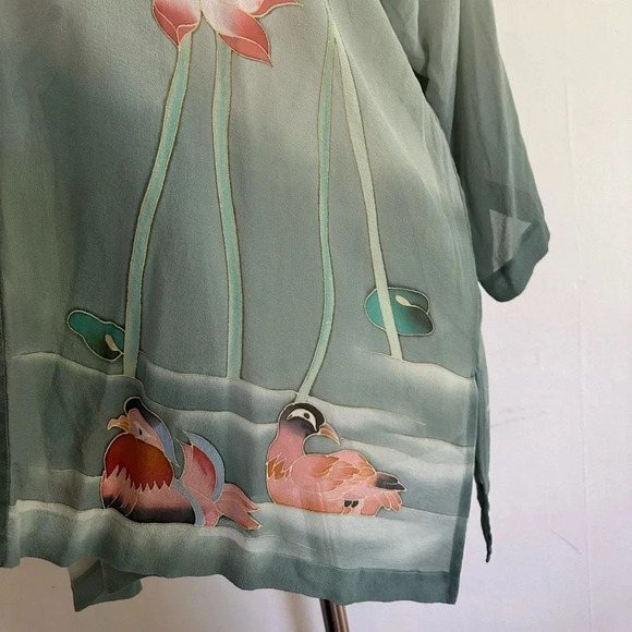 Silk Kimono Top Coverup Open Front Hand Painted Art To Wear Lotus Pond One Size - Picture 3 of 10